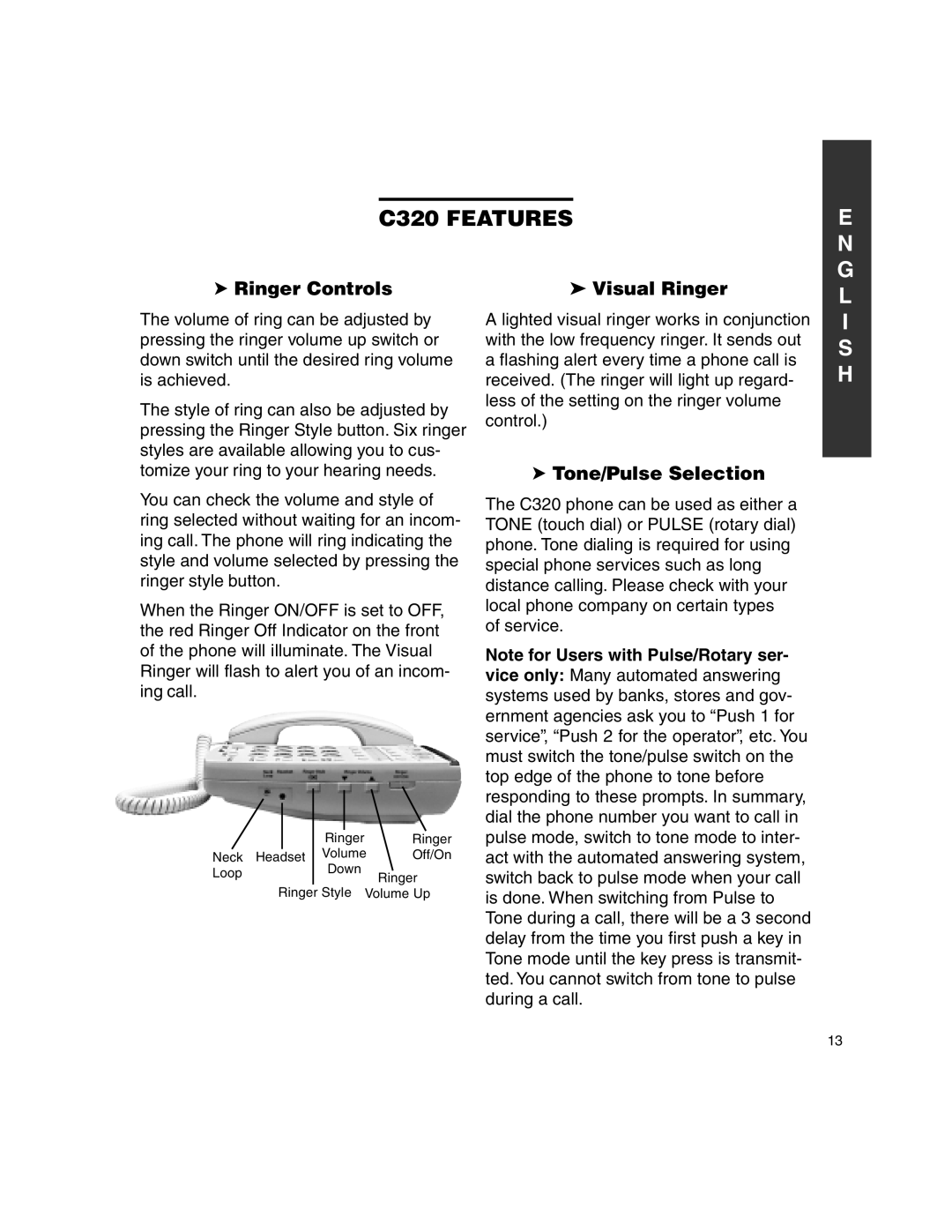 Clarity C320 manual Ringer Controls Visual Ringer, Tone/Pulse Selection 