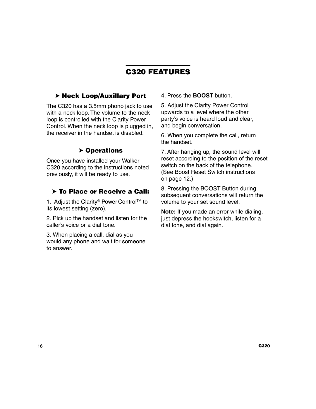 Clarity C320 manual Neck Loop/Auxillary Port, Operations, To Place or Receive a Call 