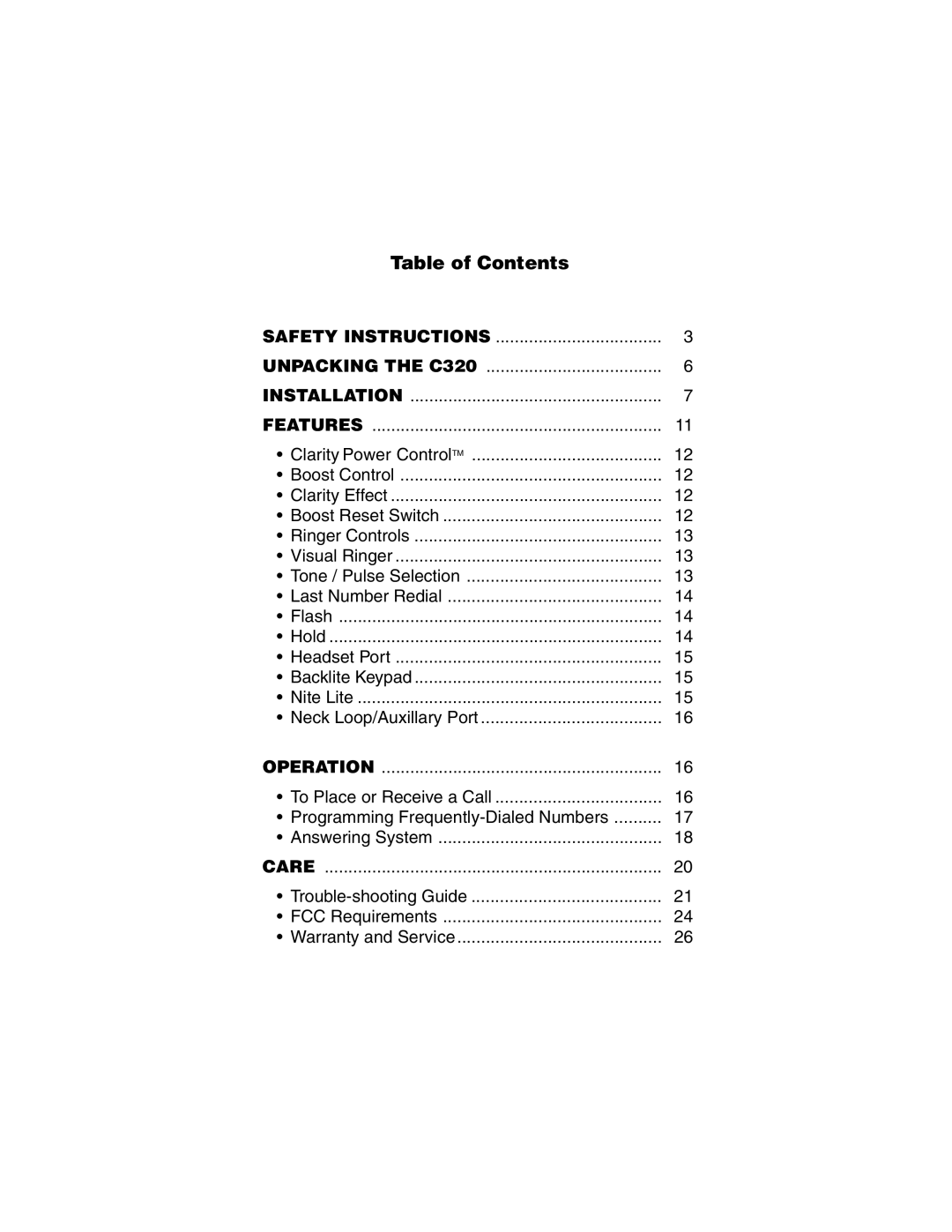 Clarity C320 manual Table of Contents 