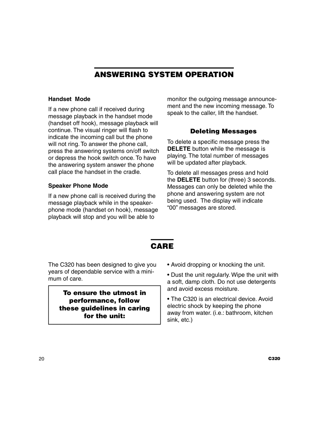 Clarity C320 manual Care, Deleting Messages, Handset Mode, Speaker Phone Mode 