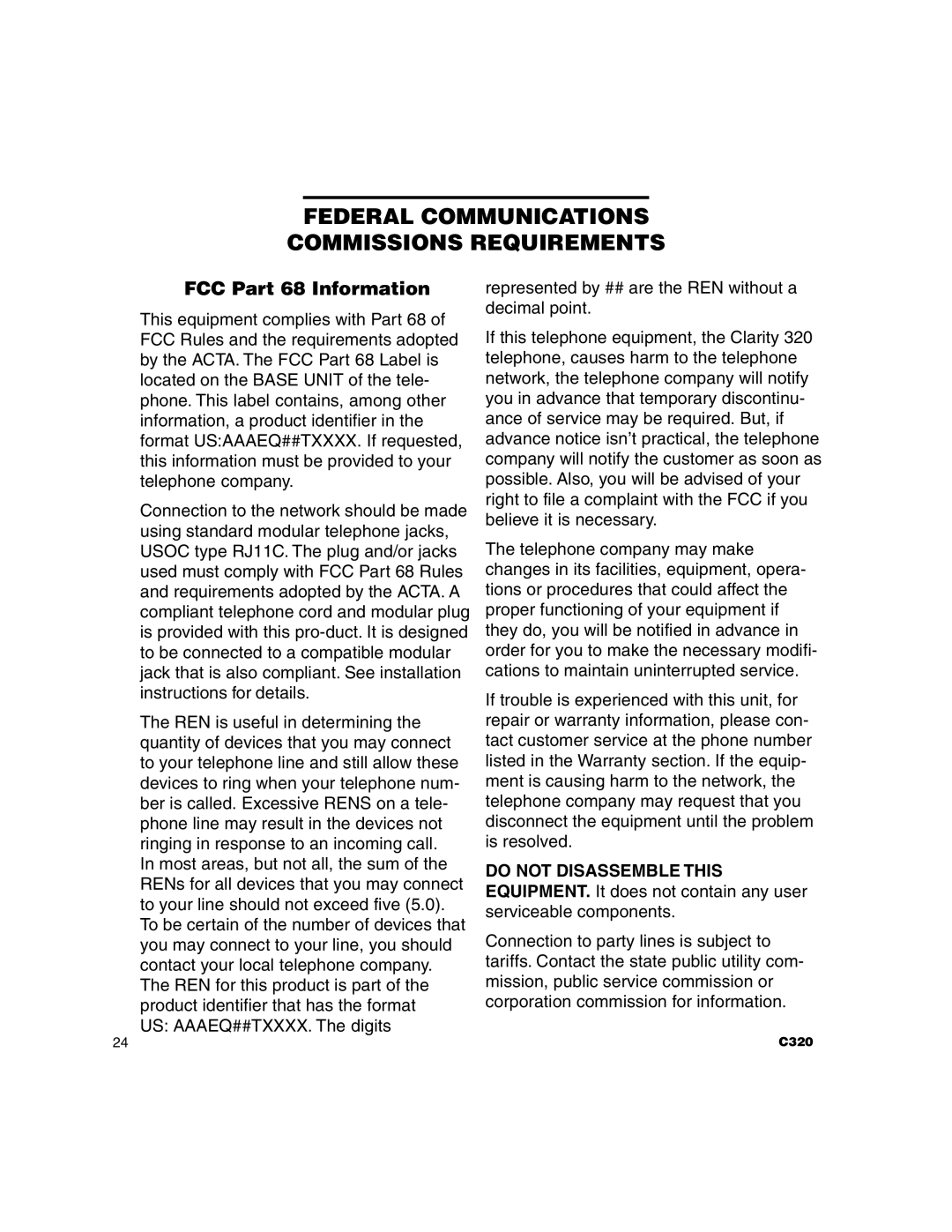 Clarity C320 manual Federal Communications Commissions Requirements, FCC Part 68 Information 