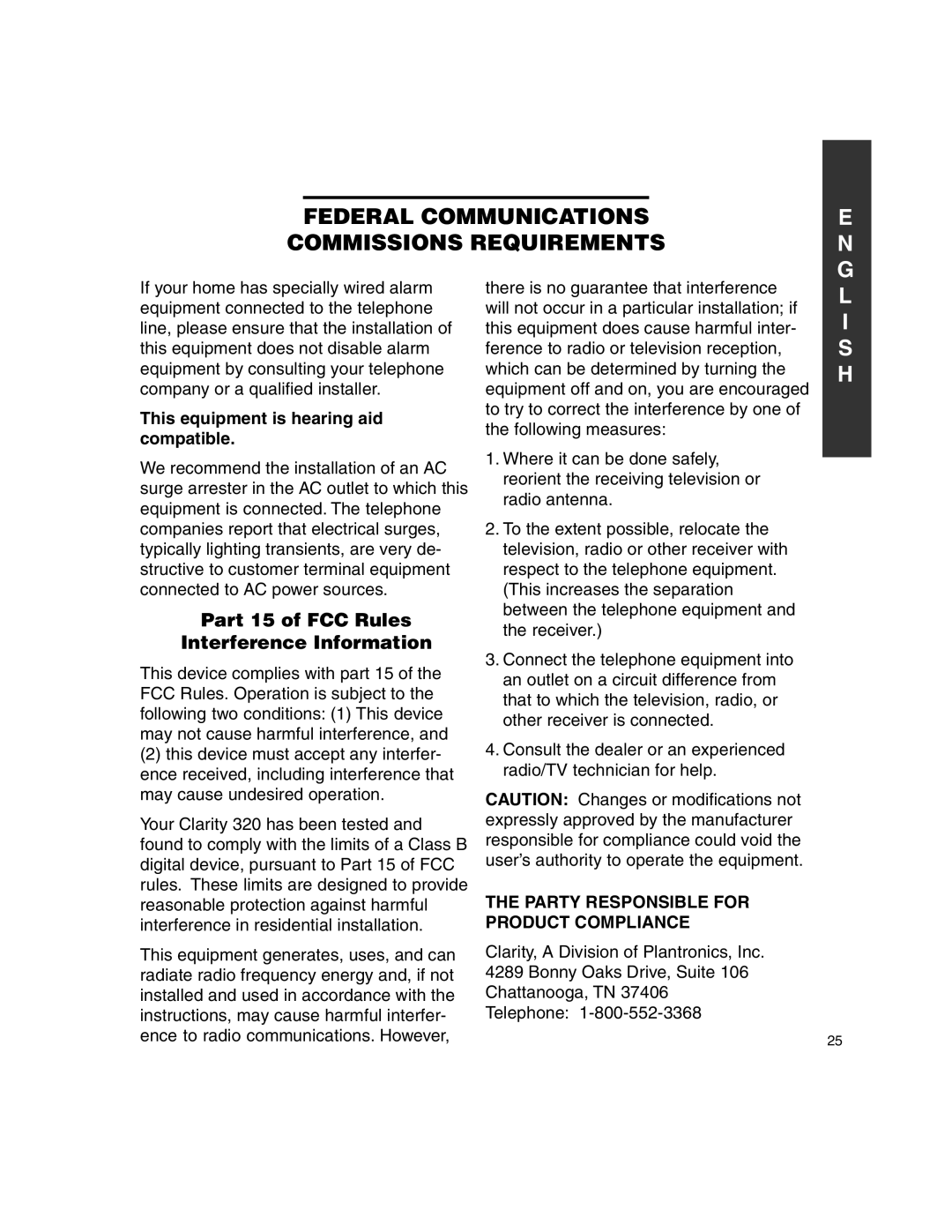 Clarity C320 manual Part 15 of FCC Rules Interference Information, This equipment is hearing aid compatible 