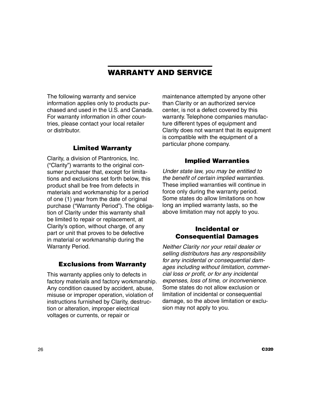 Clarity C320 manual Warranty and Service, Limited Warranty, Exclusions from Warranty, Implied Warranties 