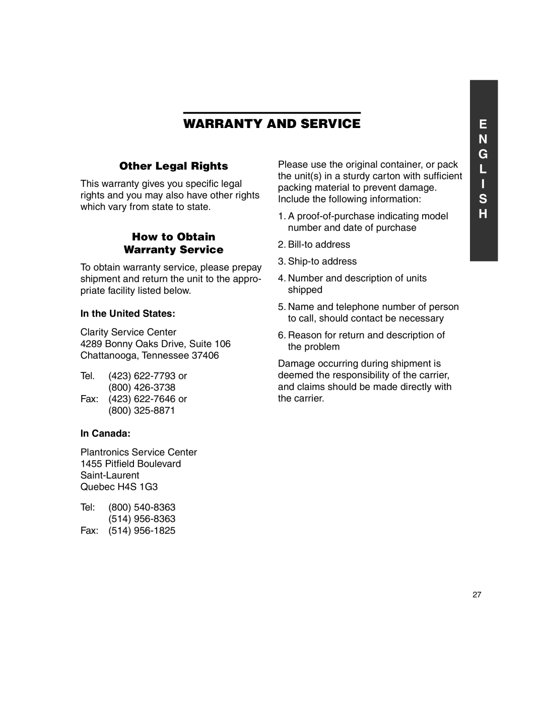 Clarity C320 manual Other Legal Rights, How to Obtain Warranty Service, United States, Canada 