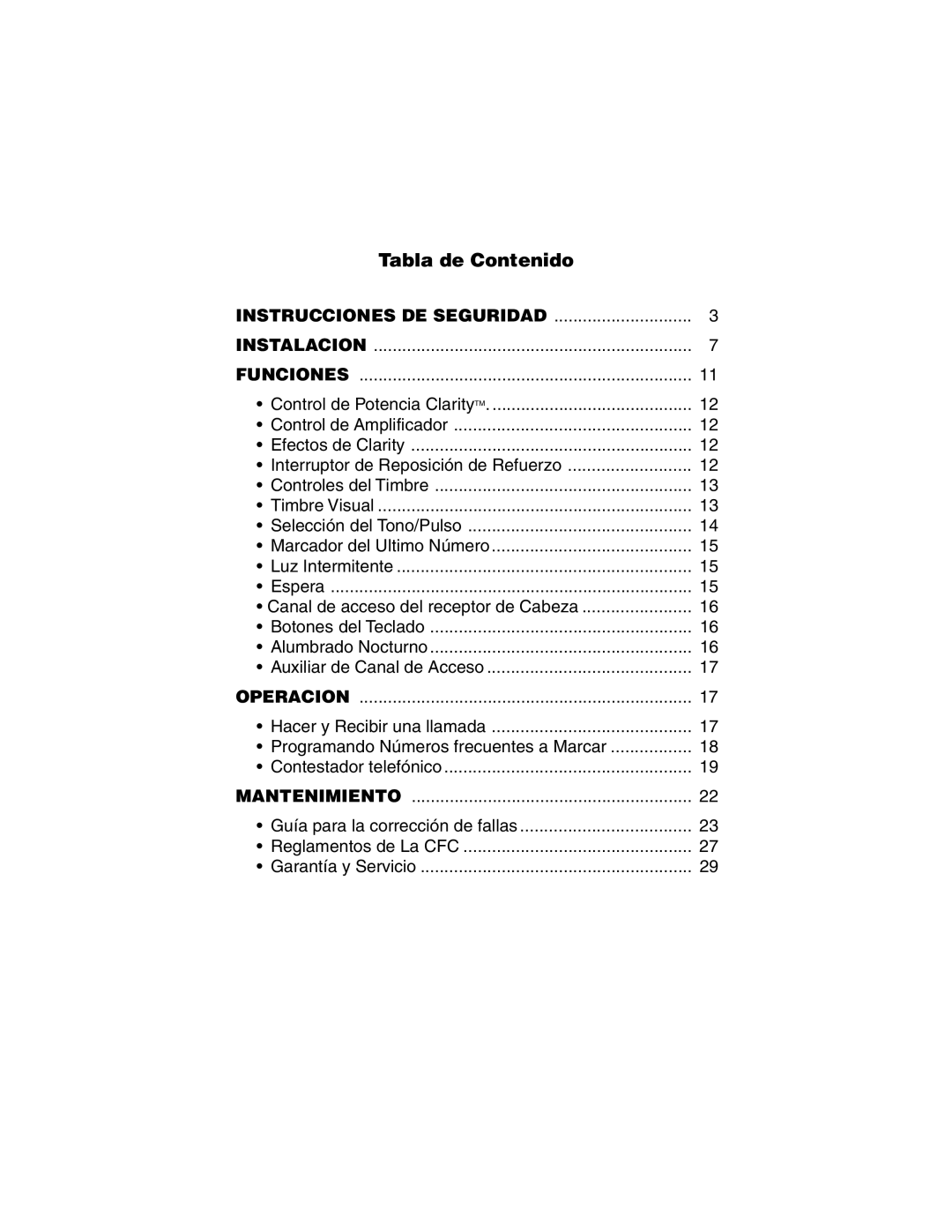 Clarity C320 manual Tabla de Contenido, Instrucciones DE Seguridad Instalacion Funciones 