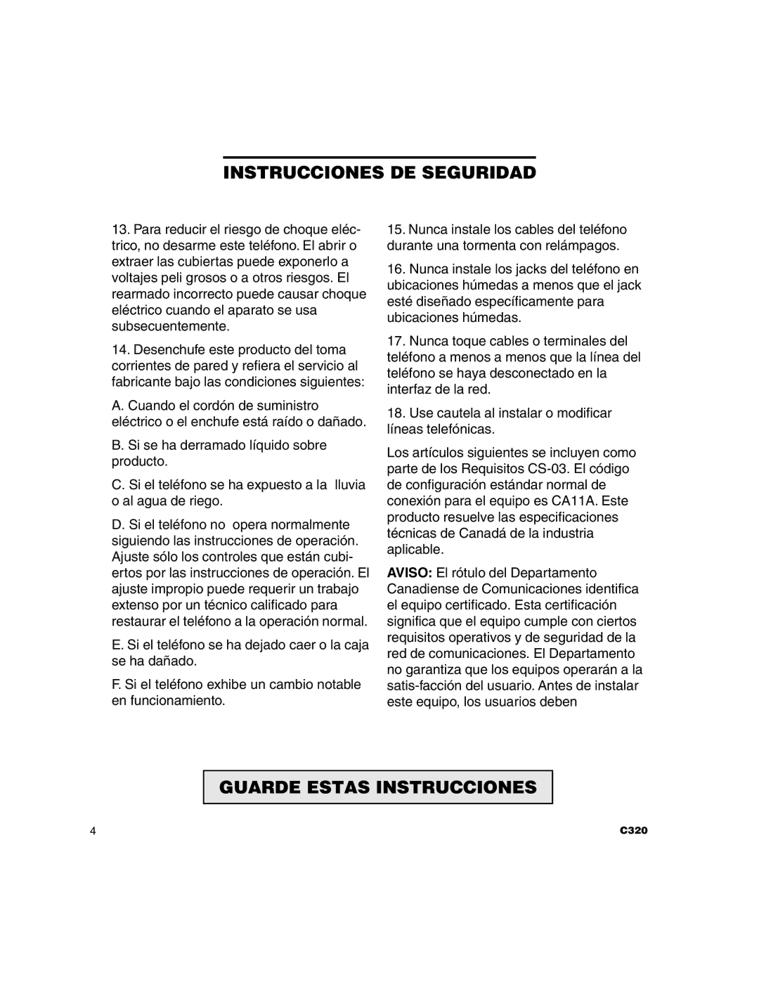 Clarity C320 manual Instrucciones DE Seguridad 