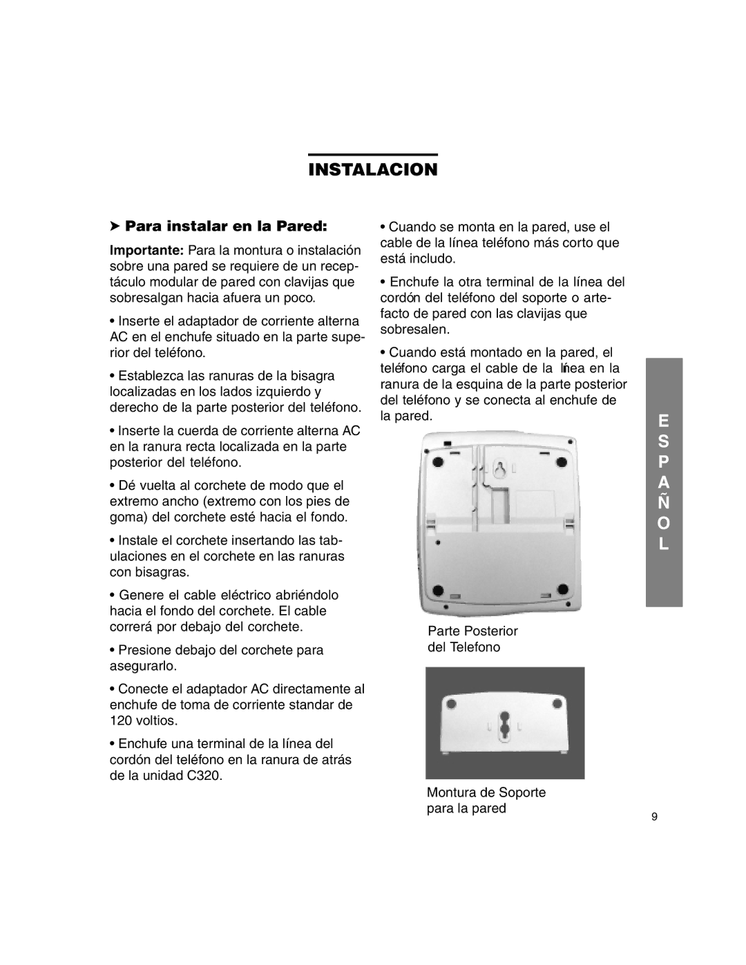 Clarity C320 manual Instalacion, Para instalar en la Pared 