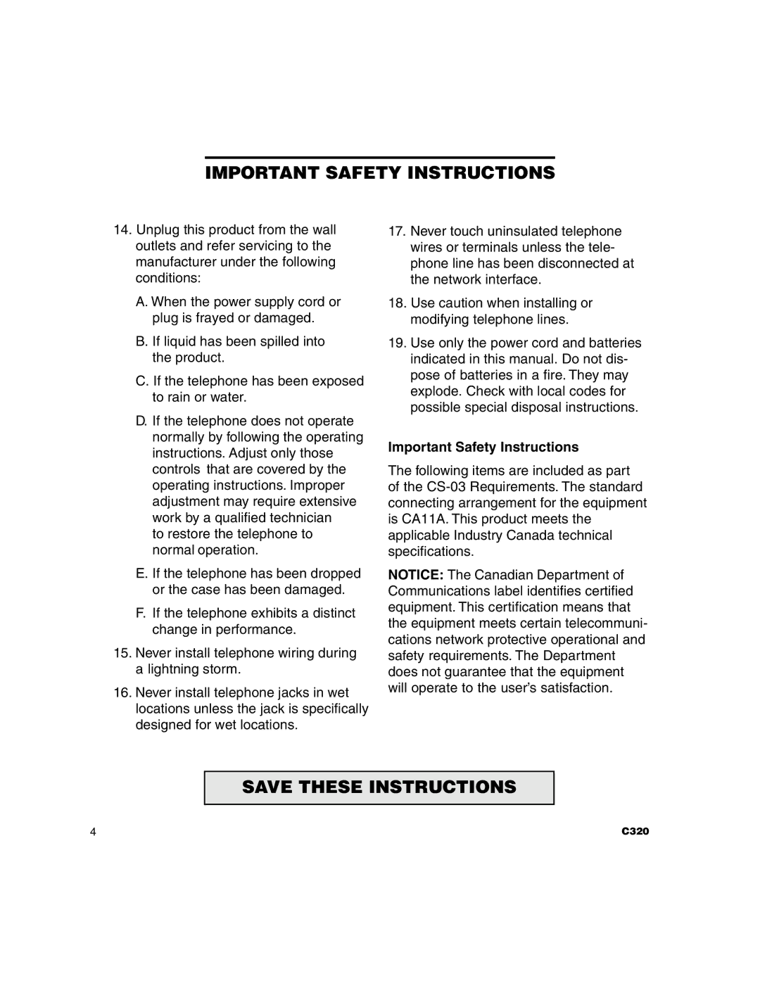 Clarity C320 manual Important Safety Instructions 