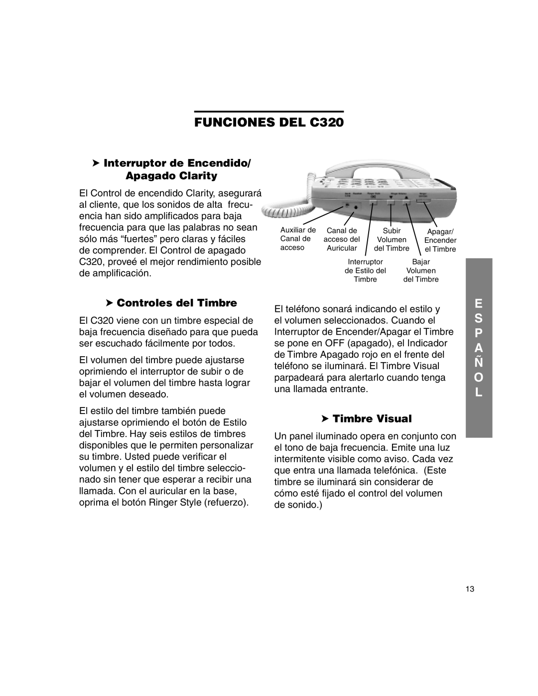 Clarity C320 manual Interruptor de Encendido/ Apagado Clarity, Controles del Timbre, Timbre Visual 