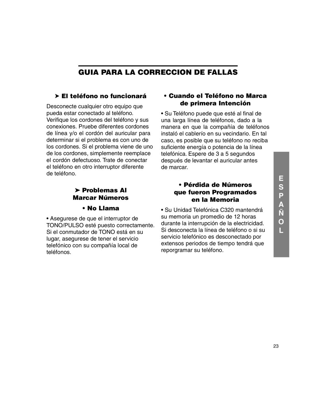 Clarity C320 manual Guia Para LA Correccion DE Fallas, El teléfono no funcionará, Problemas Al Marcar Números No Llama 