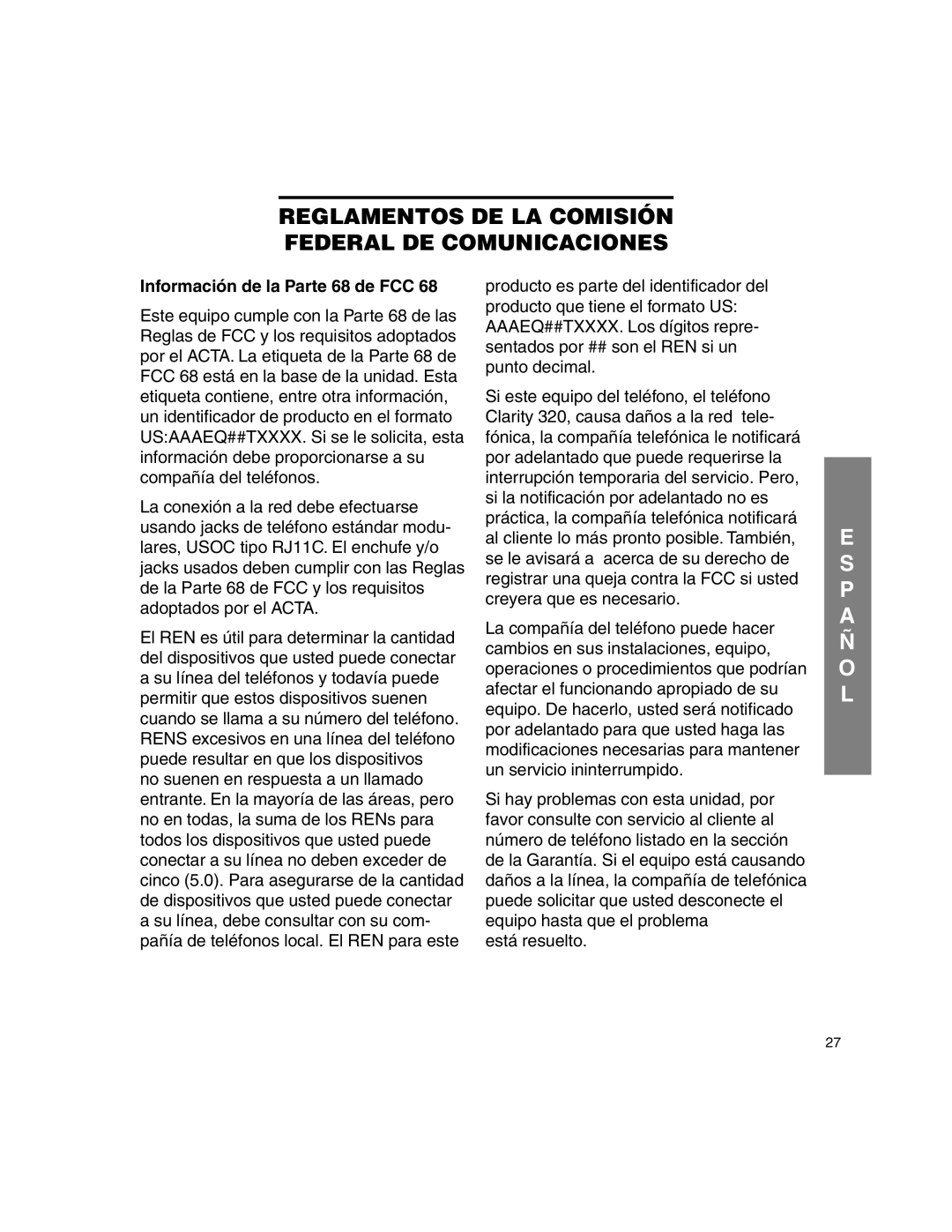 Clarity C320 manual Reglamentos DE LA Comisión Federal DE Comunicaciones, Información de la Parte 68 de FCC 