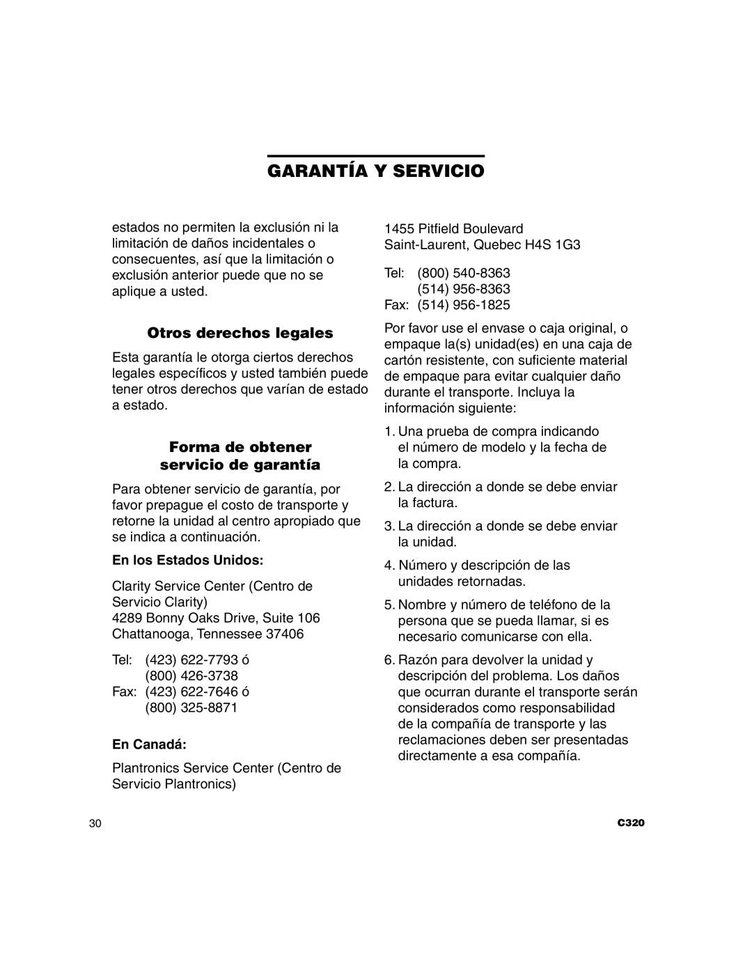 Clarity C320 manual Otros derechos legales, Forma de obtener Servicio de garantía, En los Estados Unidos, En Canadá 