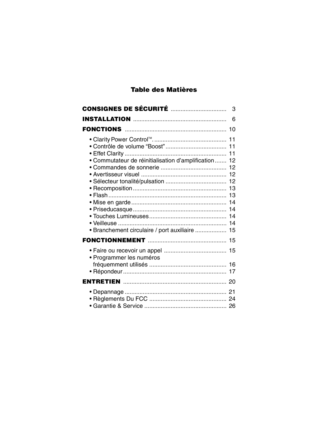 Clarity C320 manual Table des Matières, Consignes DE Sécurité Installation Fonctions 