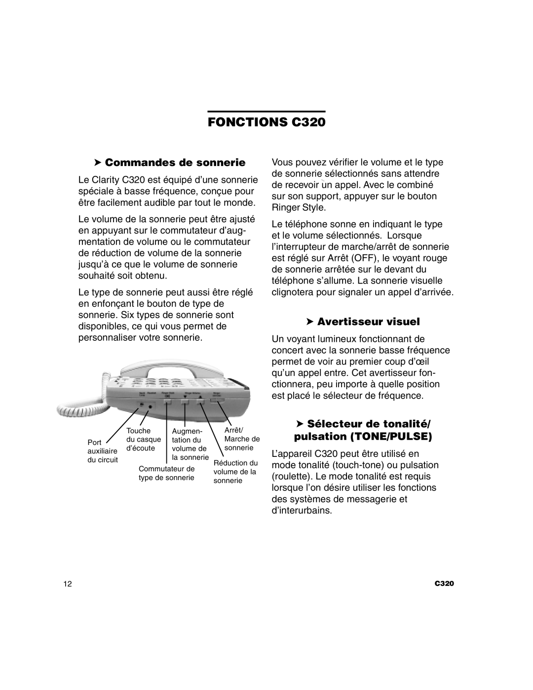 Clarity C320 manual Commandes de sonnerie, Avertisseur visuel, Sélecteur de tonalité/ pulsation TONE/PULSE 