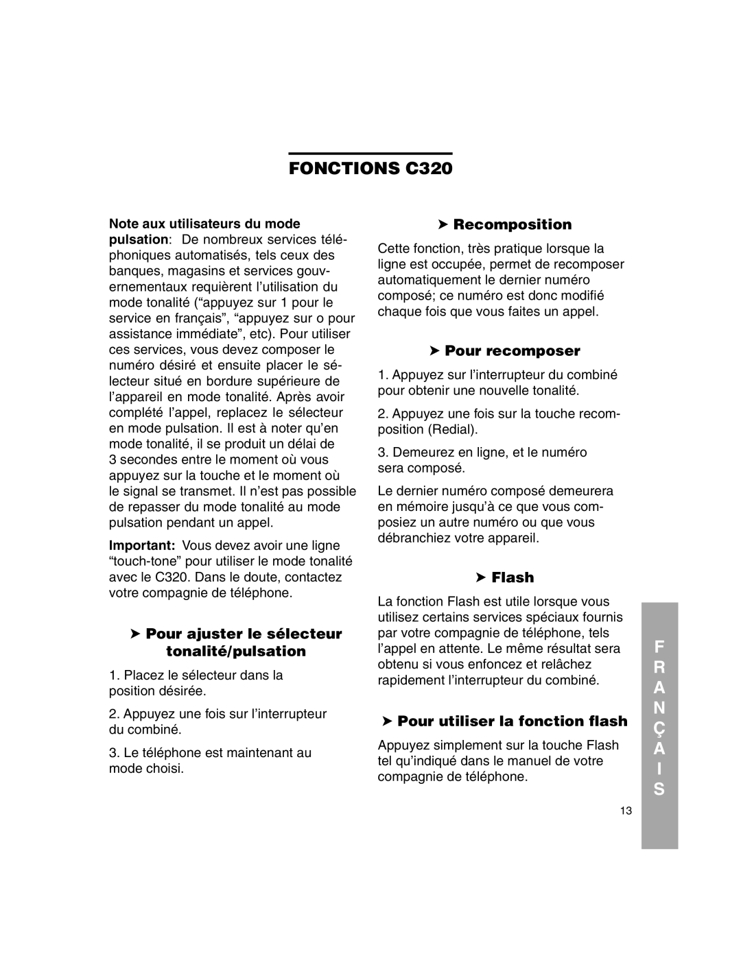 Clarity C320 Pour ajuster le sélecteur tonalité/pulsation, Recomposition, Pour recomposer, Pour utiliser la fonction flash 