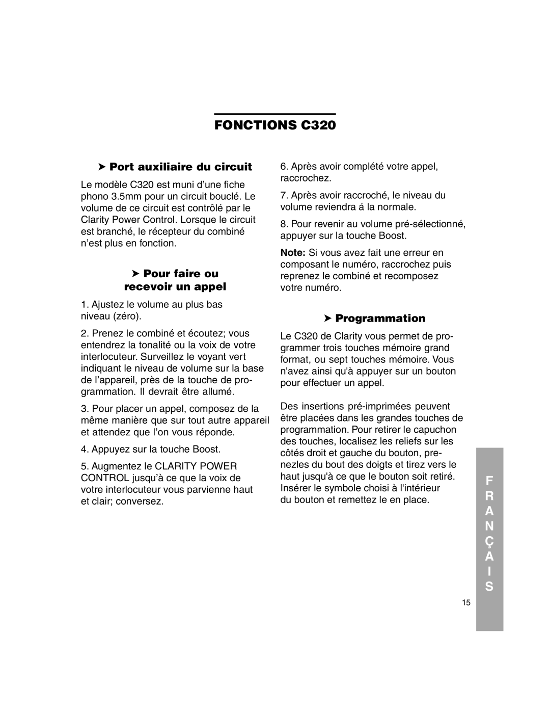 Clarity C320 manual Port auxiliaire du circuit, Pour faire ou recevoir un appel, Programmation 