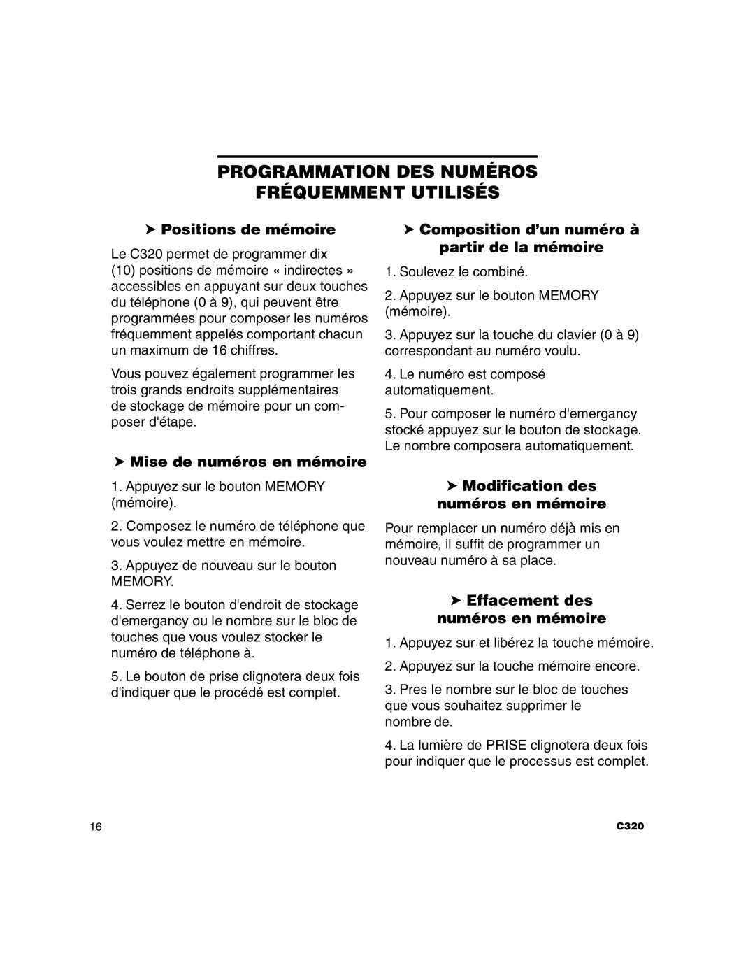 Clarity C320 manual Programmation DES Numéros Fréquemment Utilisés 