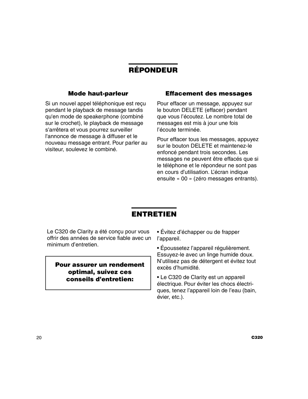 Clarity C320 manual Entretien, Mode haut-parleur, Effacement des messages 