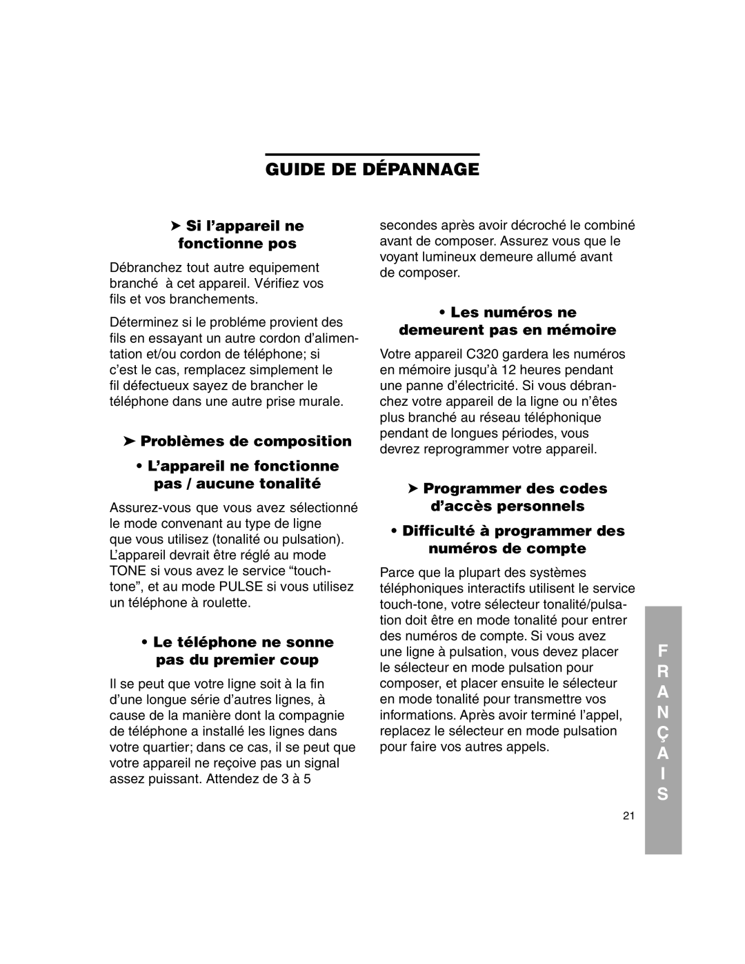 Clarity C320 manual Guide DE Dépannage, Si l’appareil ne fonctionne pos, Le téléphone ne sonne pas du premier coup 