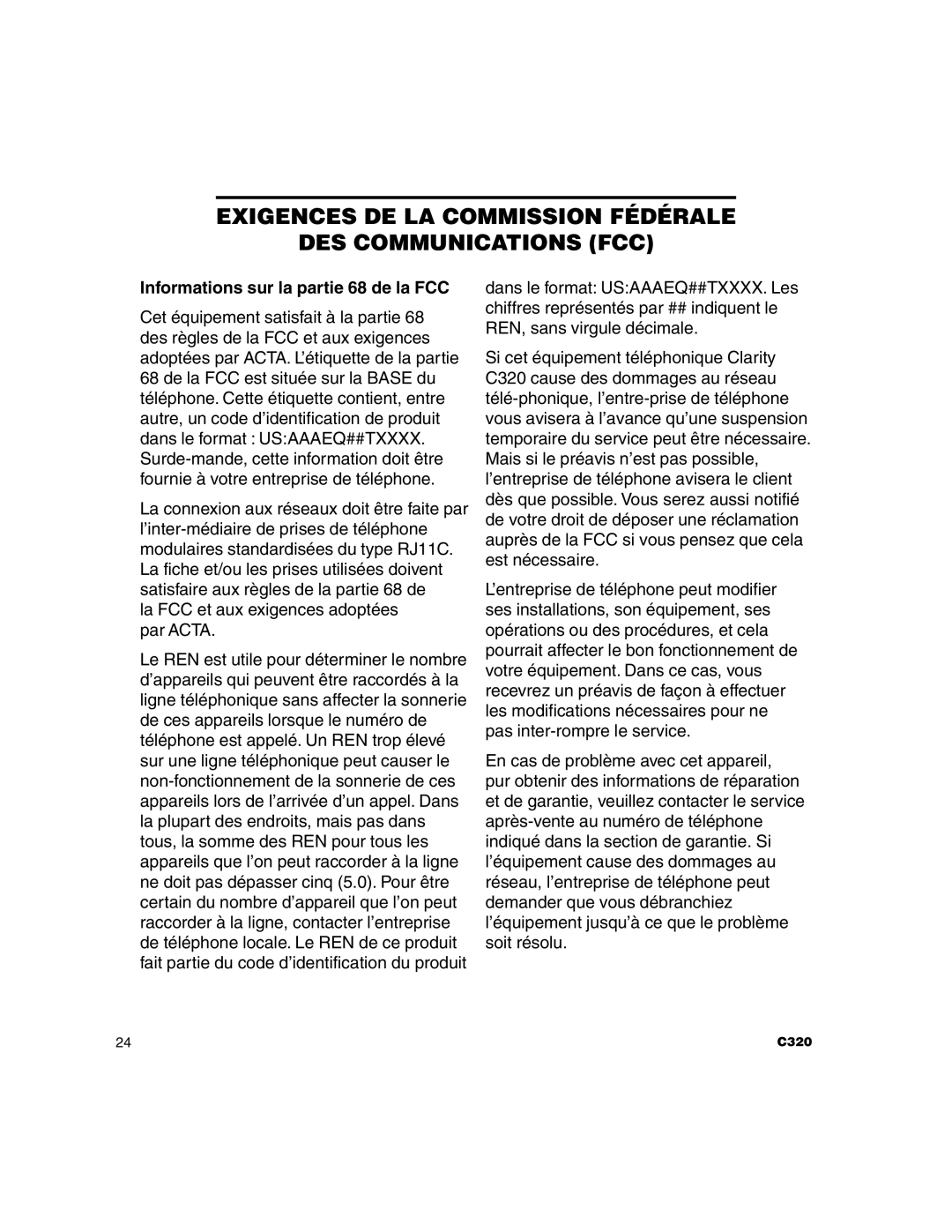 Clarity C320 manual Exigences DE LA Commission Fédérale DES Communications FCC, Informations sur la partie 68 de la FCC 