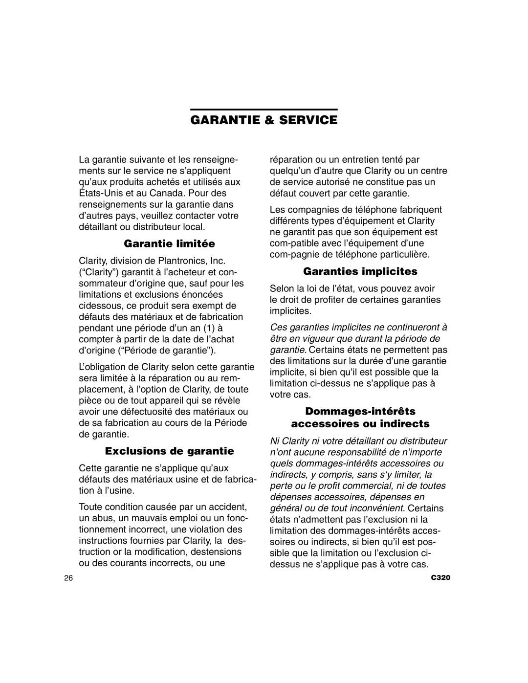 Clarity C320 manual Garantie & Service, Garantie limitée, Exclusions de garantie, Garanties implicites 