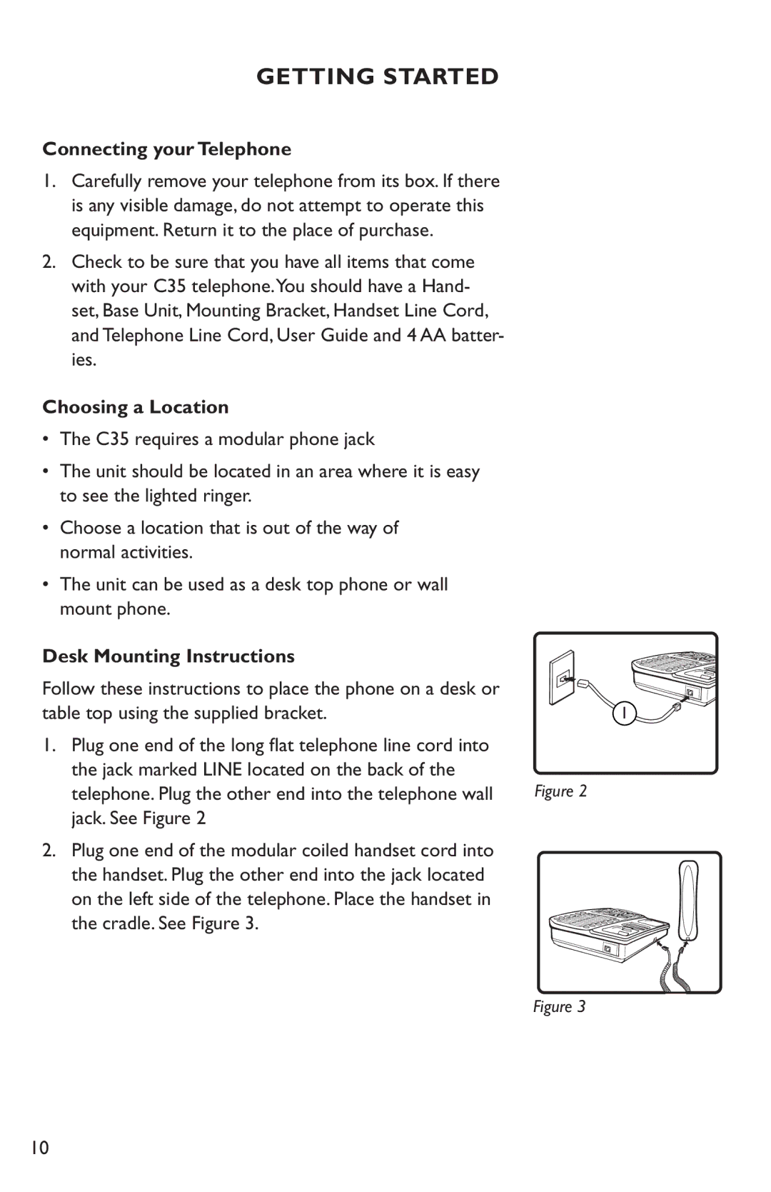 Clarity C35 manual Connecting your Telephone, Choosing a Location, Desk Mounting Instructions 