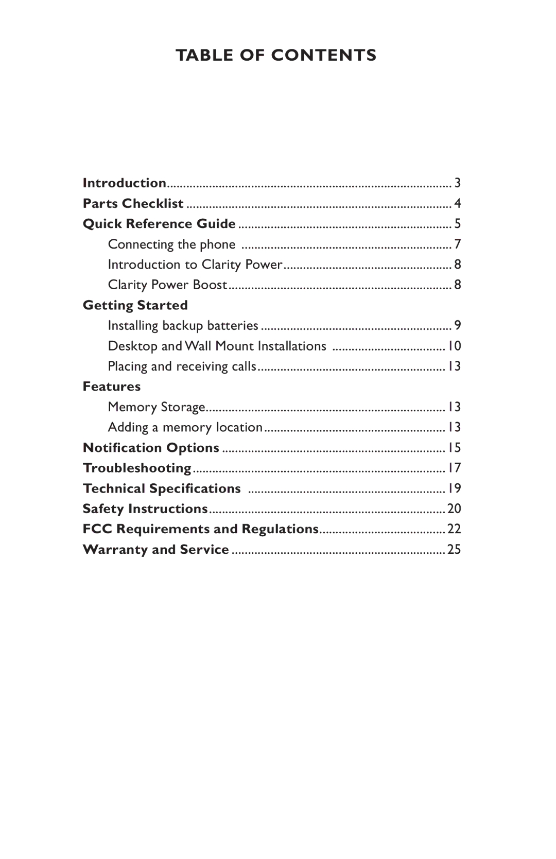 Clarity C35 manual Table of Contents 