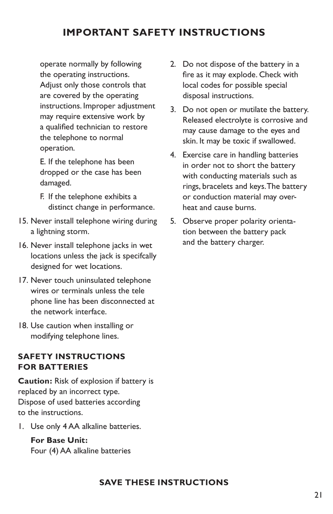 Clarity C35 manual Never install telephone wiring during a lightning storm, For Base Unit 