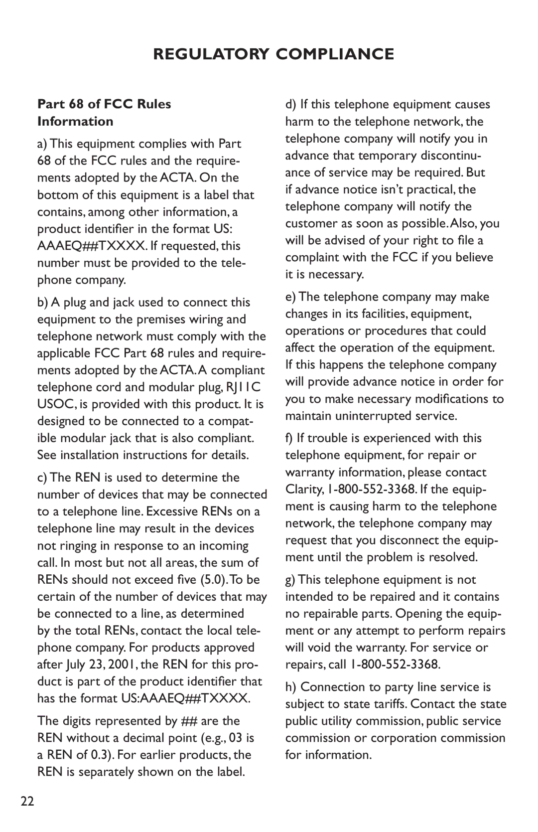 Clarity C35 manual Regulatory Compliance, Part 68 of FCC Rules Information 