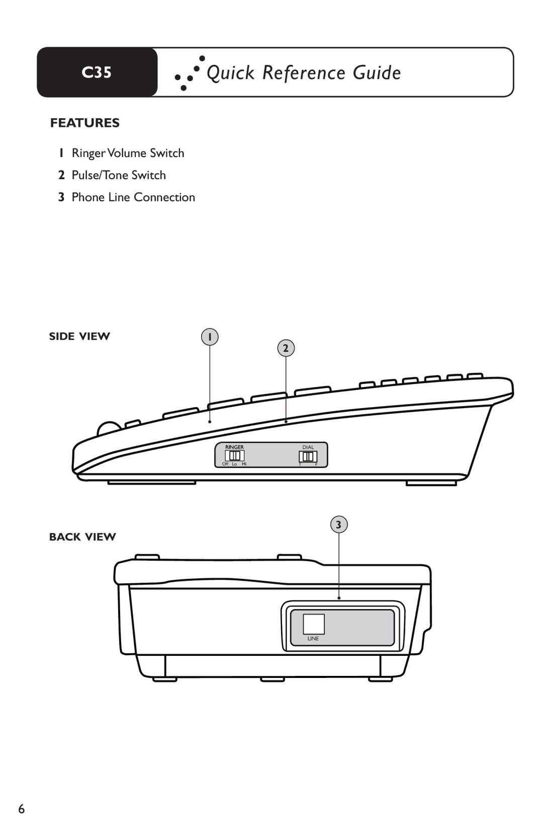 Clarity C35 manual Ringer Volume Switch Pulse/Tone Switch Phone Line Connection 