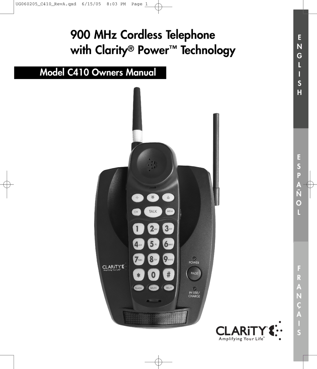Clarity C410 owner manual MHz Cordless Telephone with Clarity Power Technology 