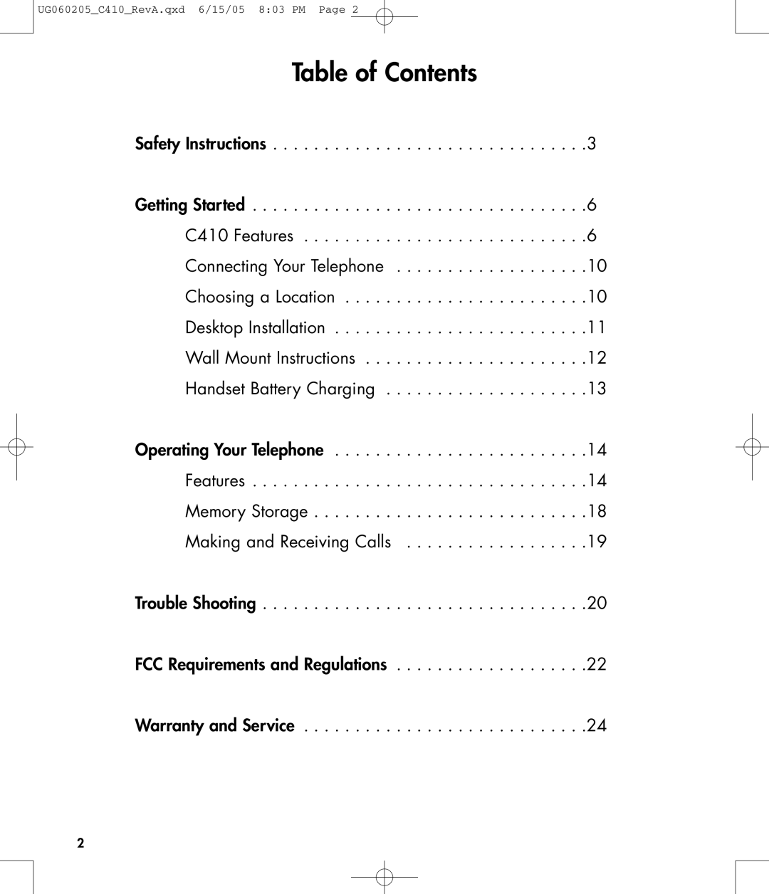 Clarity C410 owner manual Table of Contents 