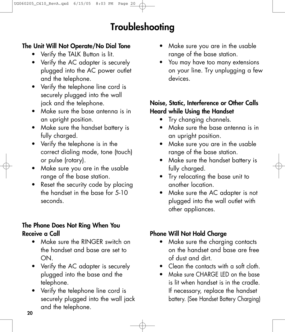 Clarity C410 owner manual Troubleshooting 