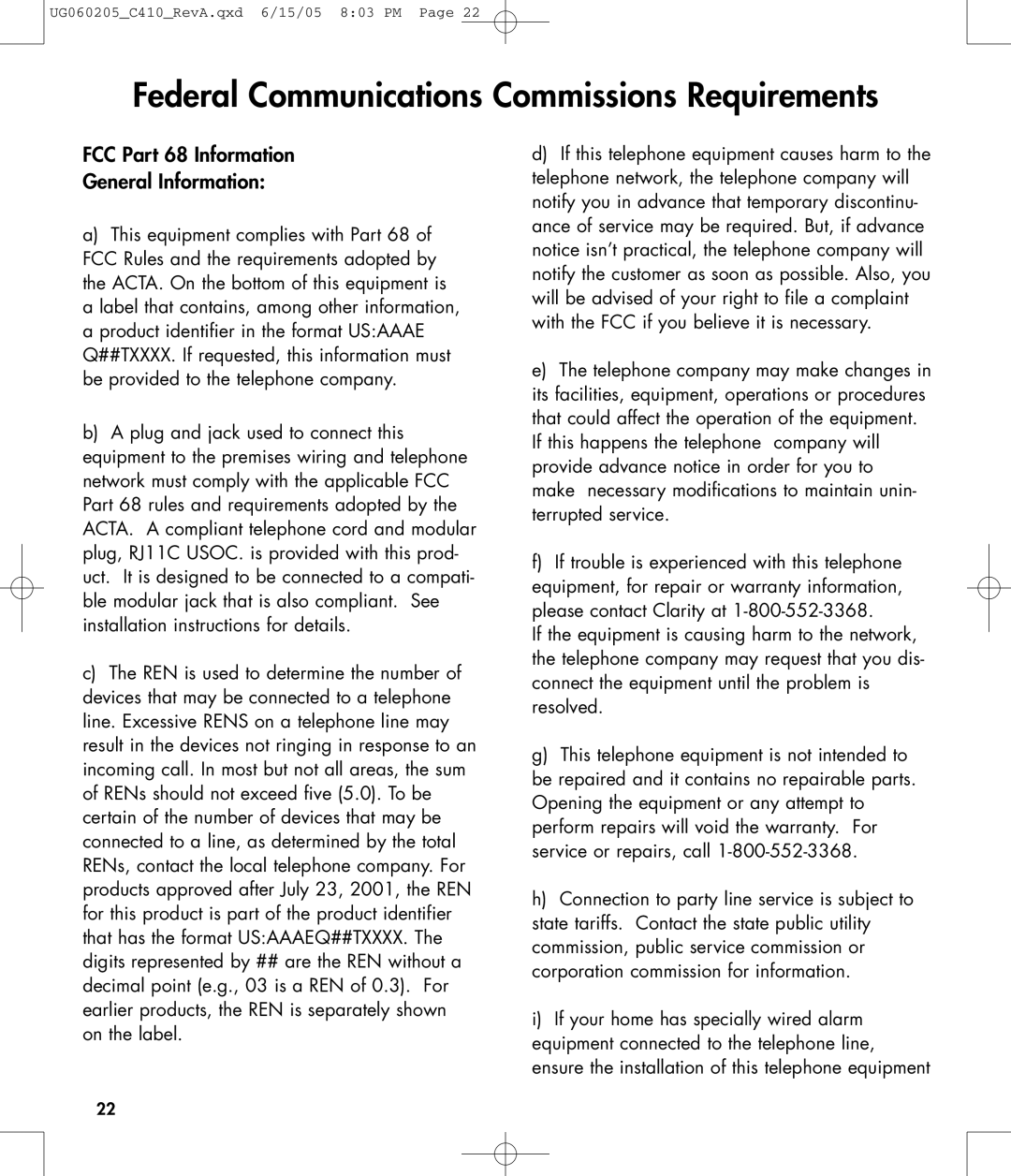 Clarity C410 owner manual Federal Communications Commissions Requirements, FCC Part 68 Information General Information 