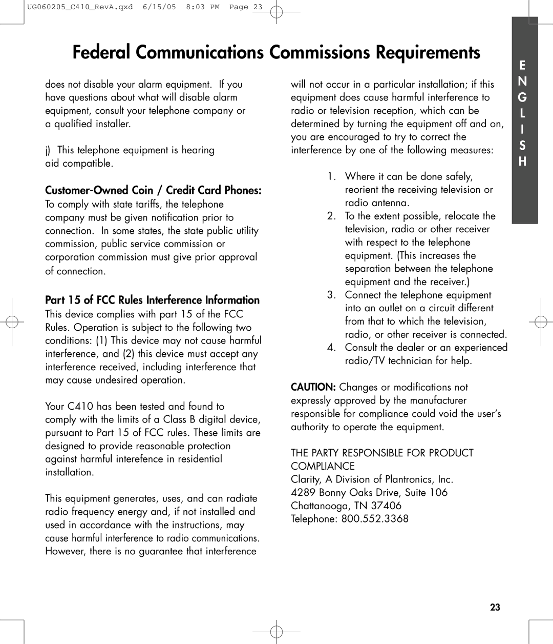 Clarity C410 owner manual Customer-Owned Coin / Credit Card Phones, Part 15 of FCC Rules Interference Information 