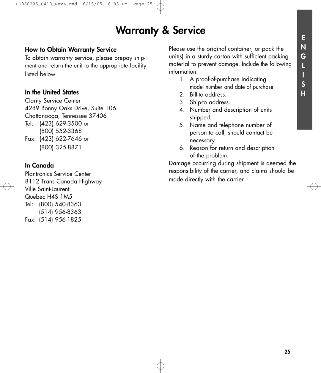 Clarity C410 owner manual How to Obtain Warranty Service, United States, Canada 