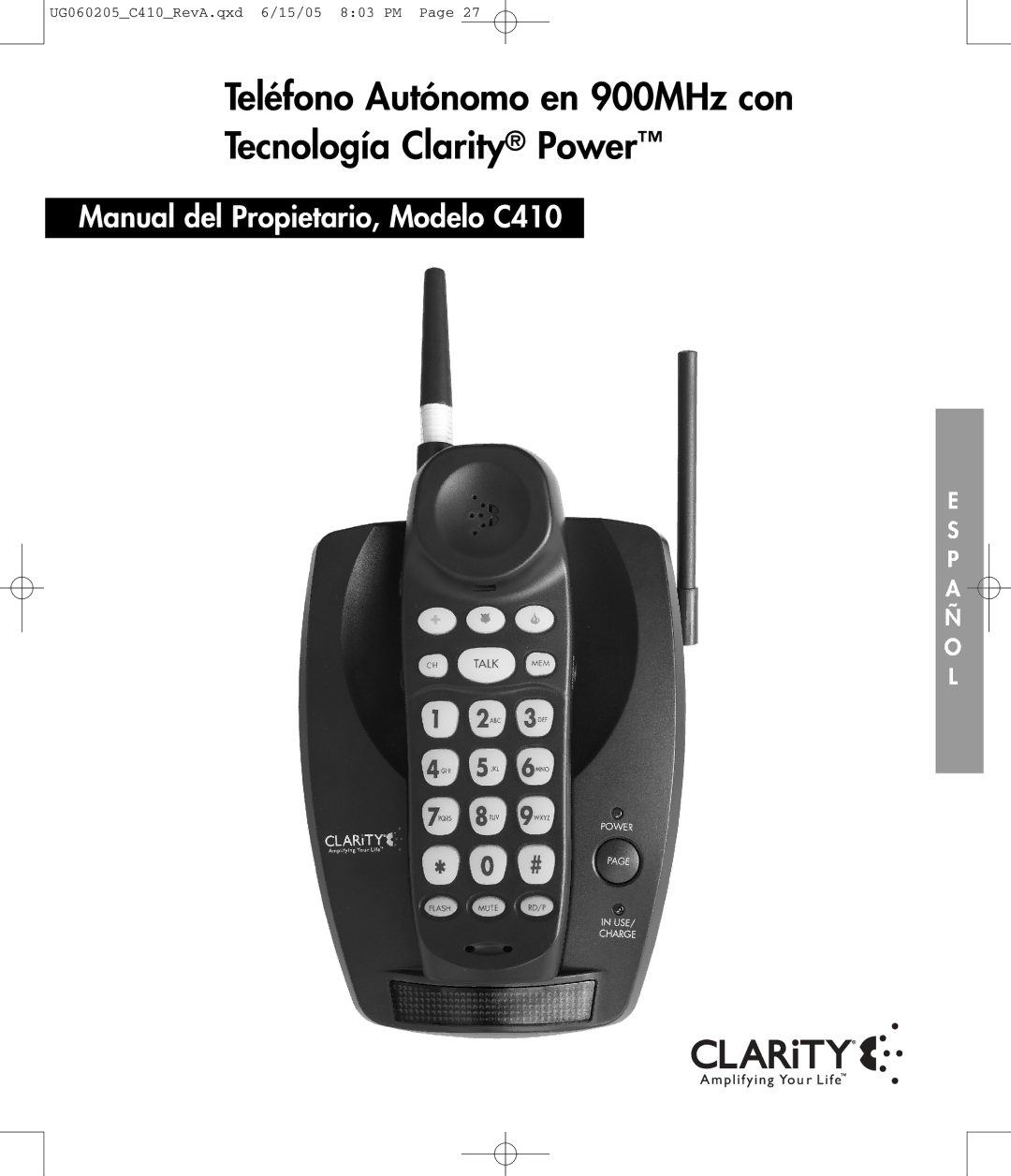 Clarity C410 owner manual Teléfono Autónomo en 900MHz con Tecnología Clarity Power 