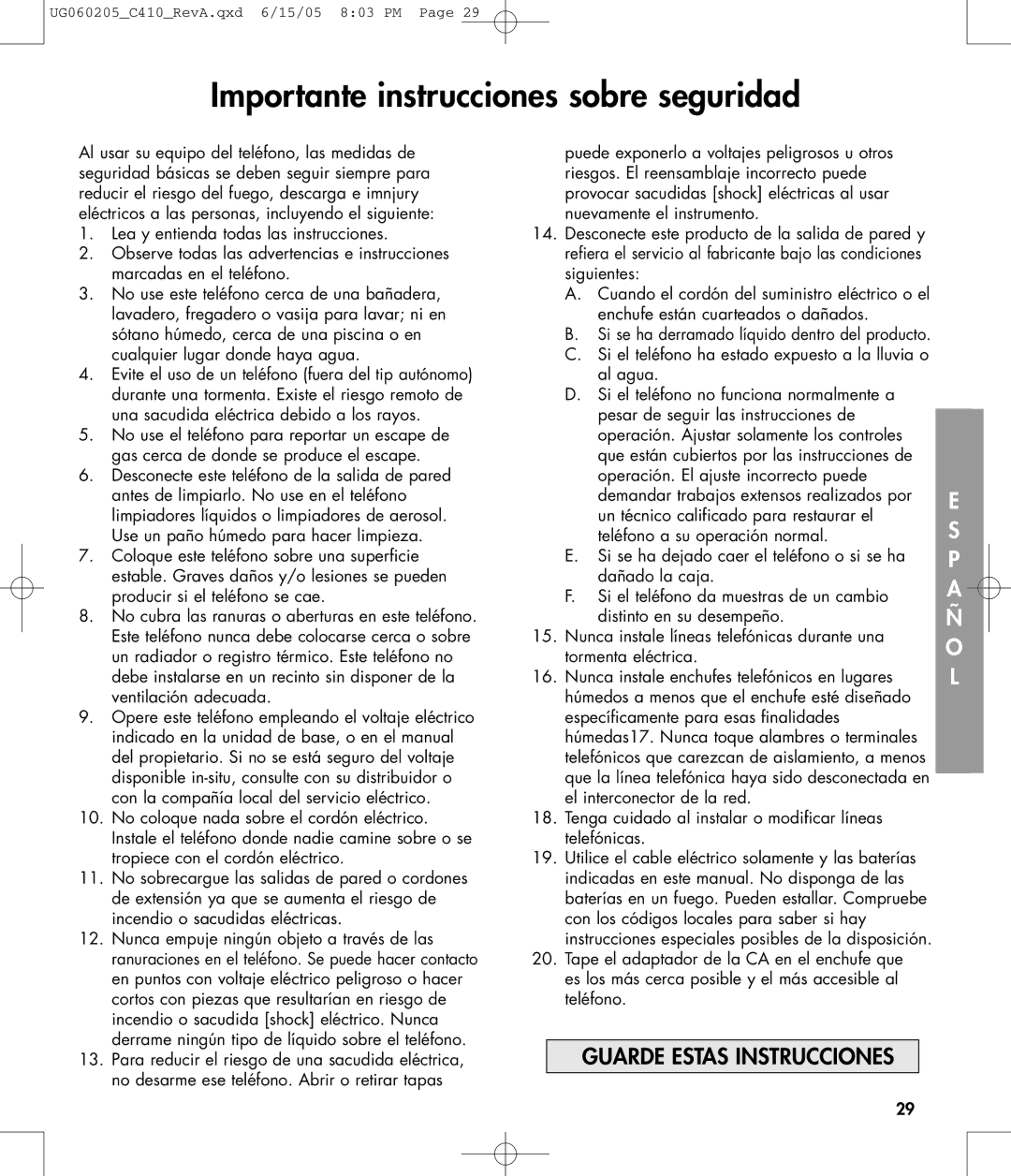 Clarity C410 owner manual Importante instrucciones sobre seguridad 