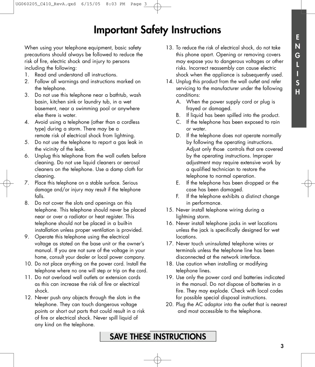 Clarity C410 owner manual Important Safety Instructions, Use caution when installing or modifying telephone lines 