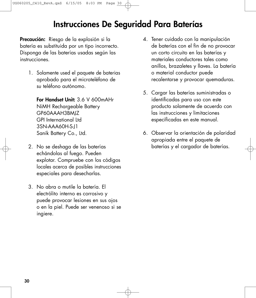 Clarity C410 owner manual Instrucciones De Seguridad Para Baterías 