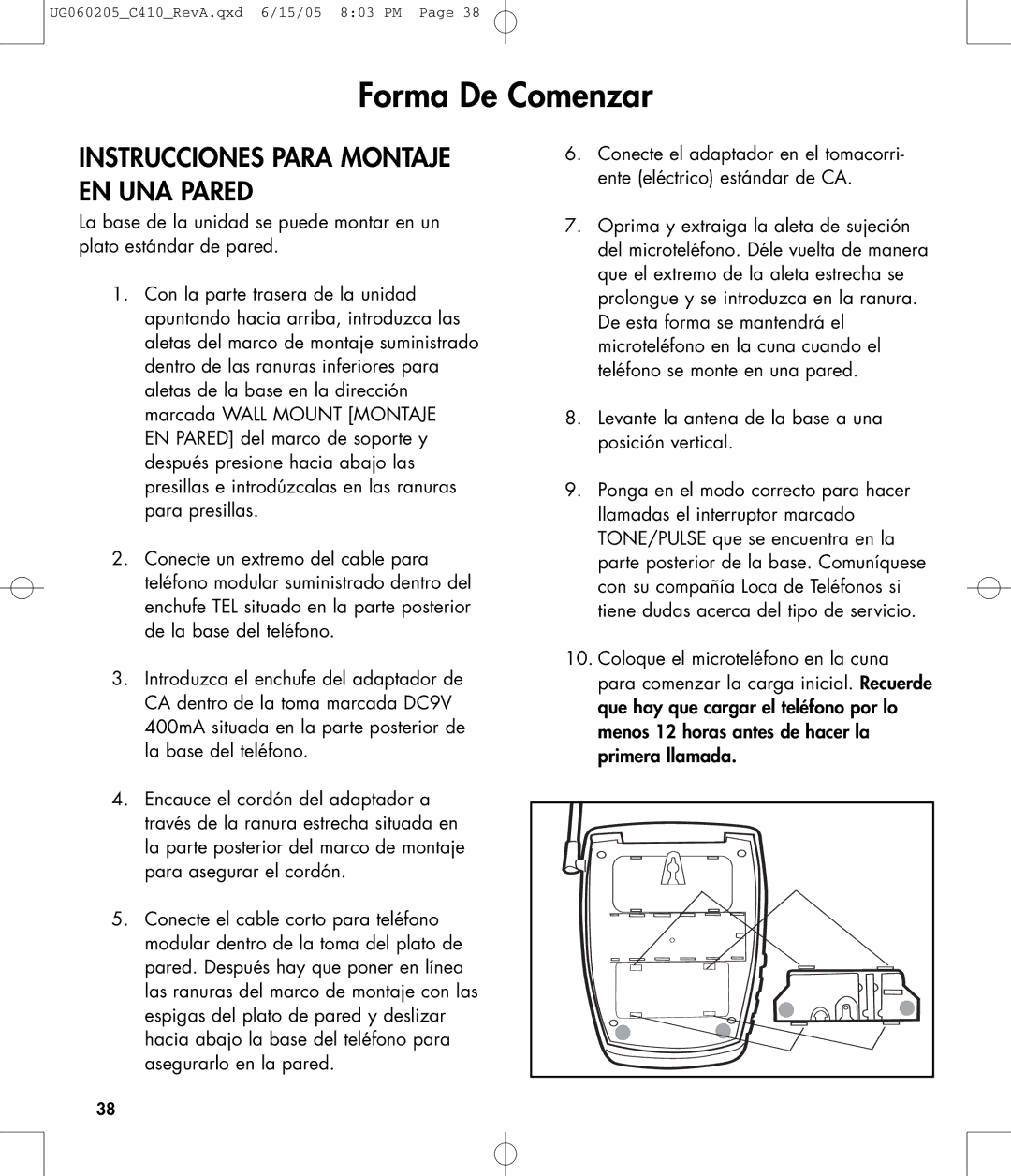 Clarity C410 owner manual Instrucciones Para Montaje EN UNA Pared 