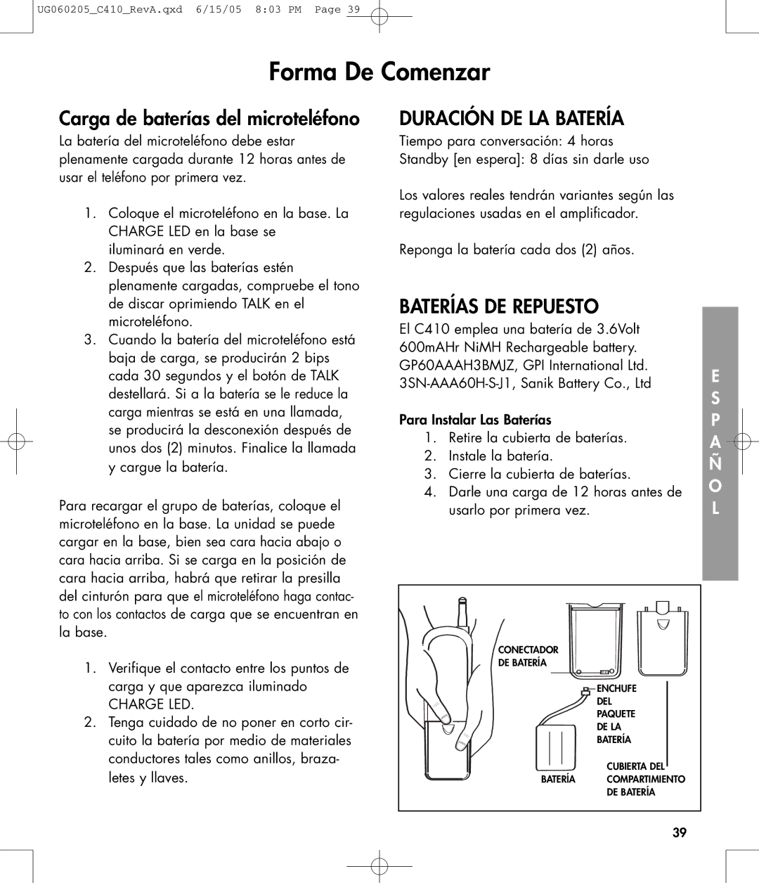 Clarity C410 owner manual Duración DE LA Batería, Baterías DE Repuesto 