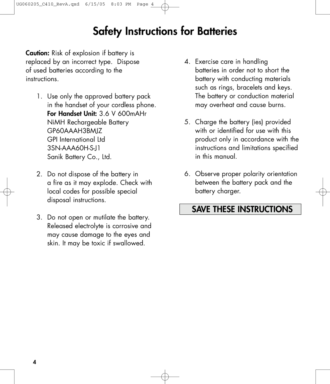 Clarity C410 owner manual Safety Instructions for Batteries 