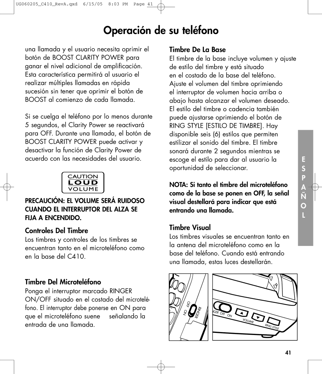 Clarity C410 owner manual Controles Del Timbre, Timbre Del Microteléfono, Timbre De La Base, Timbre Visual 