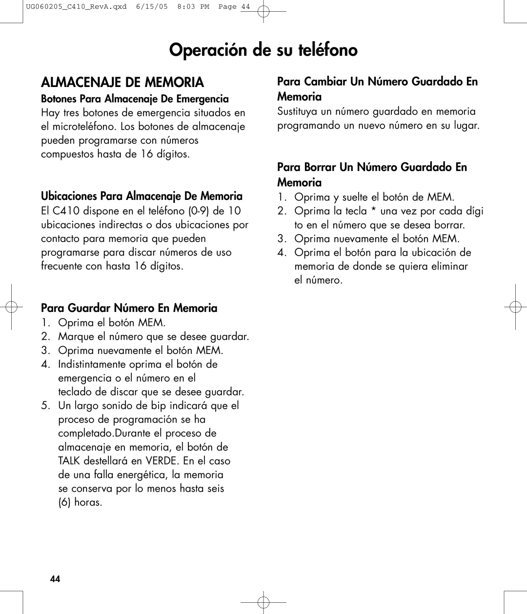 Clarity C410 Almacenaje DE Memoria, Para Cambiar Un Número Guardado En Memoria, Ubicaciones Para Almacenaje De Memoria 