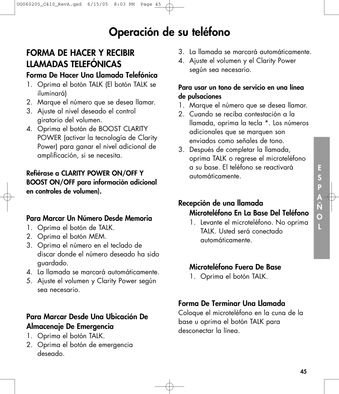 Clarity C410 Forma De Hacer Una Llamada Telefónica, Para Marcar Un Número Desde Memoria, Microteléfono Fuera De Base 