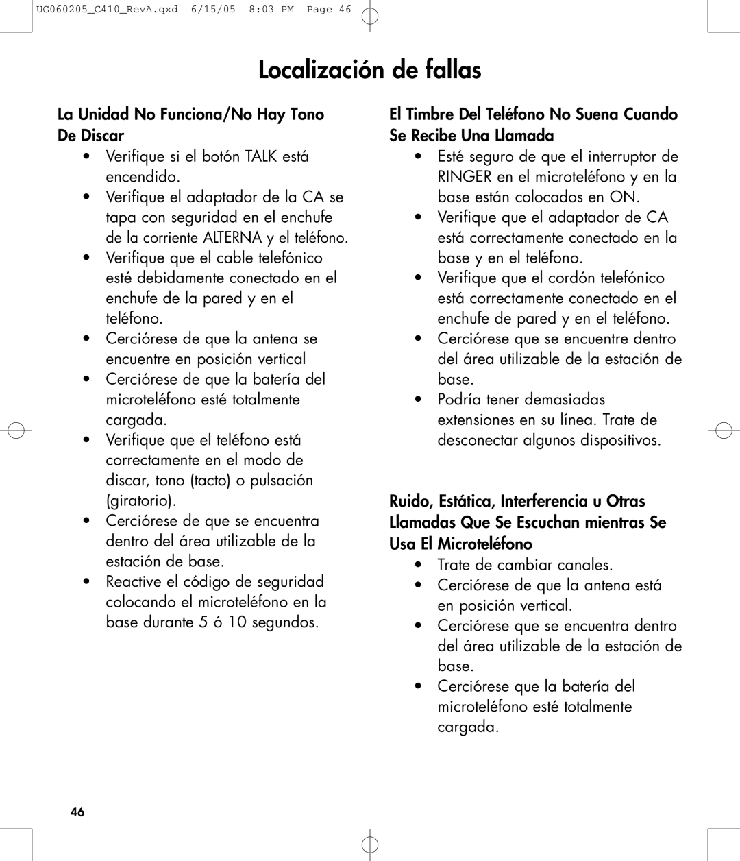 Clarity C410 Localización de fallas, Ruido, Estática, Interferencia u Otras, Llamadas Que Se Escuchan mientras Se 