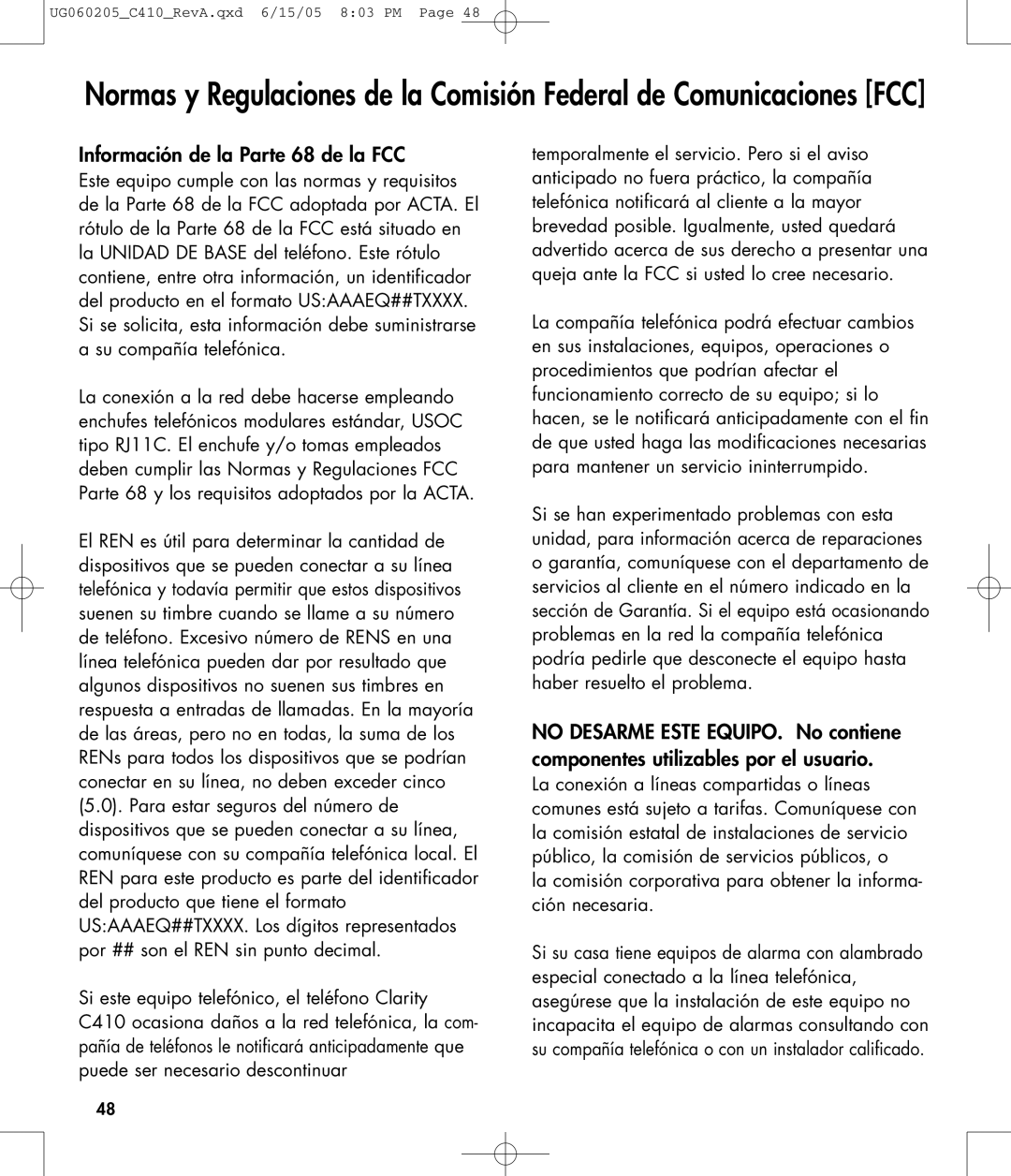 Clarity C410 owner manual Información de la Parte 68 de la FCC 