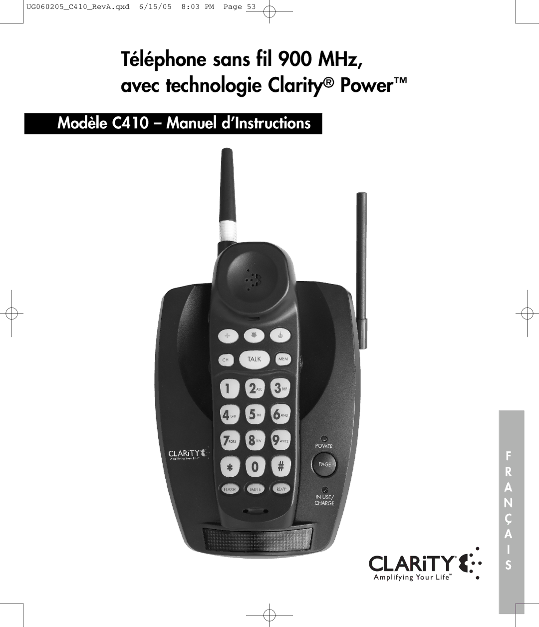 Clarity C410 owner manual Téléphone sans fil 900 MHz, avec technologie Clarity Power 