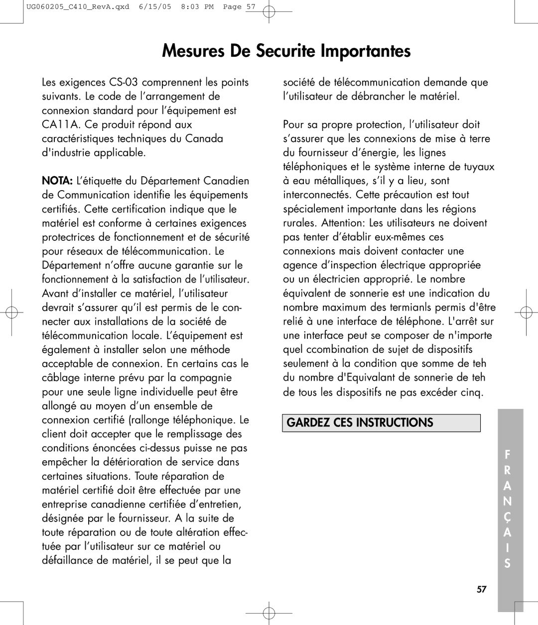 Clarity C410 owner manual Mesures De Securite Importantes 